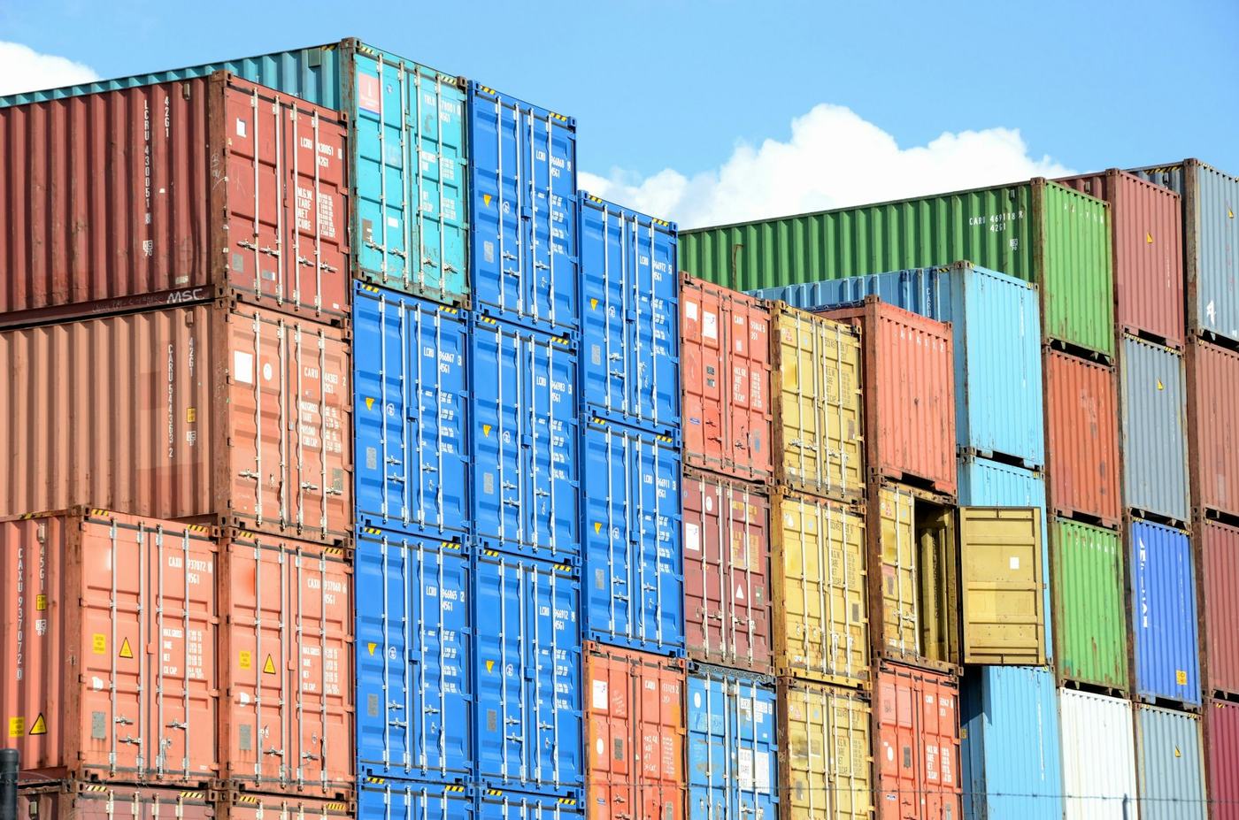 Stacked shipping containers in mixed colours