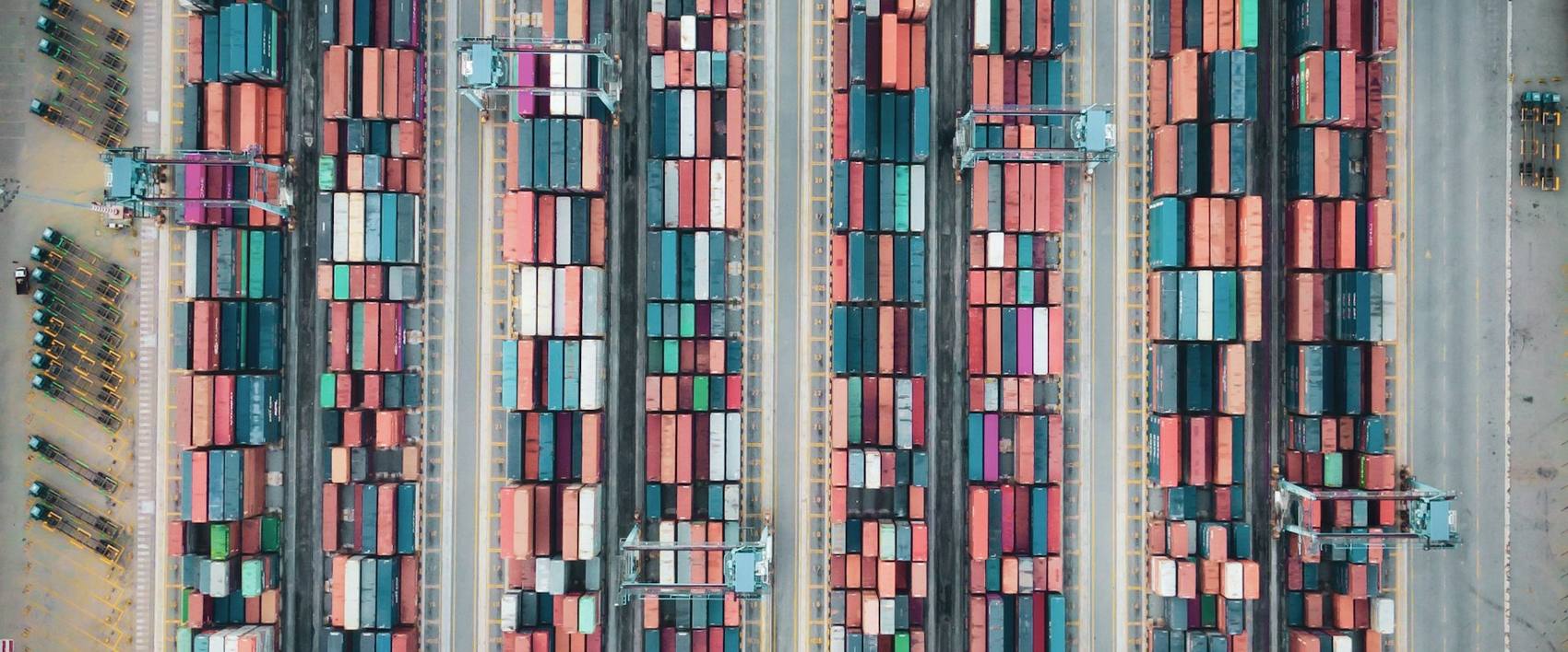 Aerial view of container rows in a terminal yard